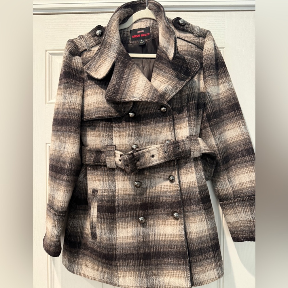 Miss Sixty Black and Cream Checkered Trench Coat